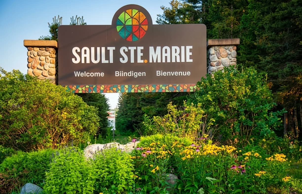 Sault Ste. Marie welcome sign above a flower garden